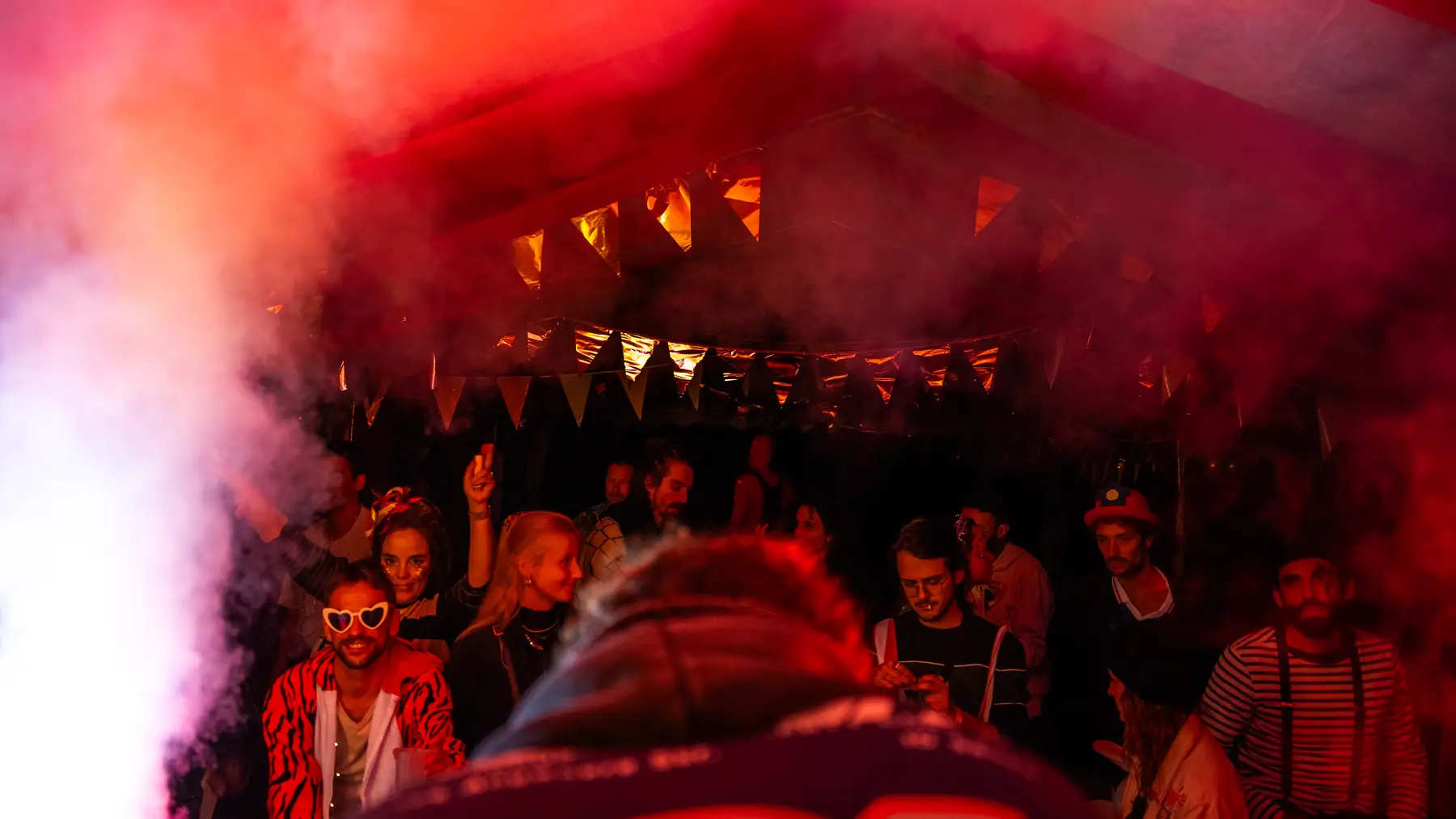 Public d'un concert dans la fumée rouge
